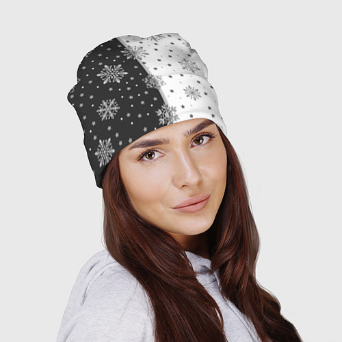 Шапка Рождественские снежинки на черно-белом фоне / 3D-принт – фото 2