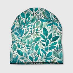 Шапка Нежные акварельные листья, голубые и зеленые, цвет: 3D-принт