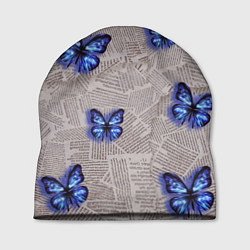 Шапка Газетные обрывки и синие бабочки, цвет: 3D-принт