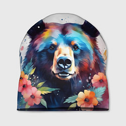 Шапка Портрет медведя гризли с цветами акварелью