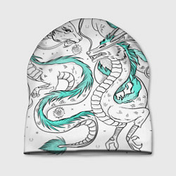Шапка Дракон Хаку в стиле тату: белый и бирюзовый паттер, цвет: 3D-принт