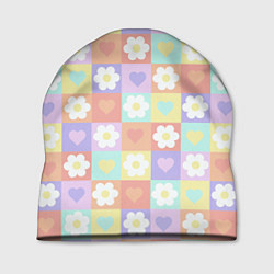 Шапка Сердечки и цветочки в пастельных квадратах, цвет: 3D-принт