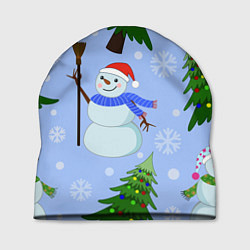 Шапка Снеговики с новогодними елками паттерн