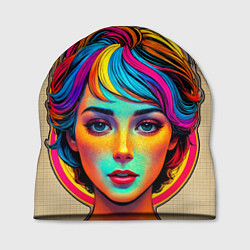 Шапка Девушка с разноцветными волосами на клетчатом фоне, цвет: 3D-принт