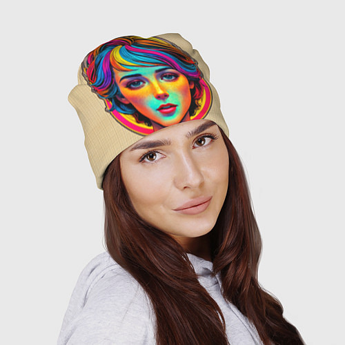 Шапка Девушка с разноцветными волосами на клетчатом фоне / 3D-принт – фото 2