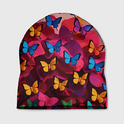 Шапка Разноцветные бабочки - розовые цветы