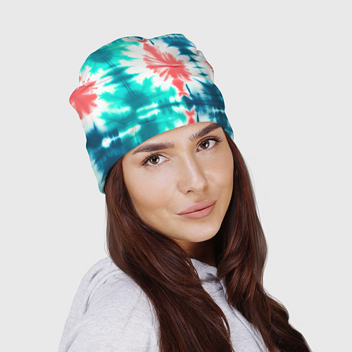 Шапка Тай дай разводы бирюзовые с коралловым и синим / 3D-принт – фото 2