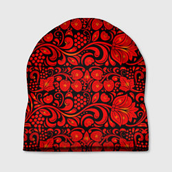 Шапка Хохломская роспись красные цветы и ягоды на чёрном, цвет: 3D-принт