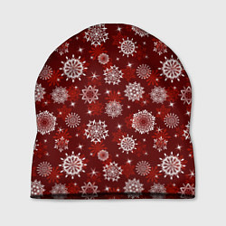 Шапка Snowflakes on a red background