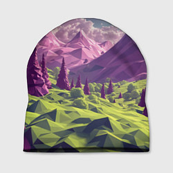 Шапка Геометрический зеленый пейзаж и фиолетовые горы