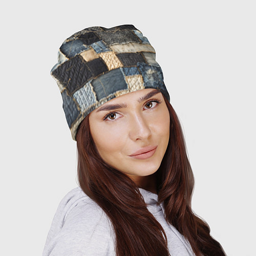 Шапка Заплатки пэчворк на джинсе / 3D-принт – фото 2
