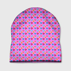Шапка Розовый паттерн с разноцветными сердечками, цвет: 3D-принт