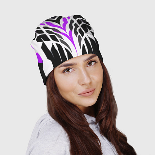 Шапка Агрессивные фиолетово-белые полосы на чёрном фоне / 3D-принт – фото 2
