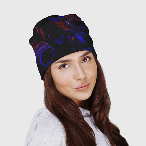 Шапка Красно-синие точки и линии на чёрном фоне / 3D-принт – фото 2