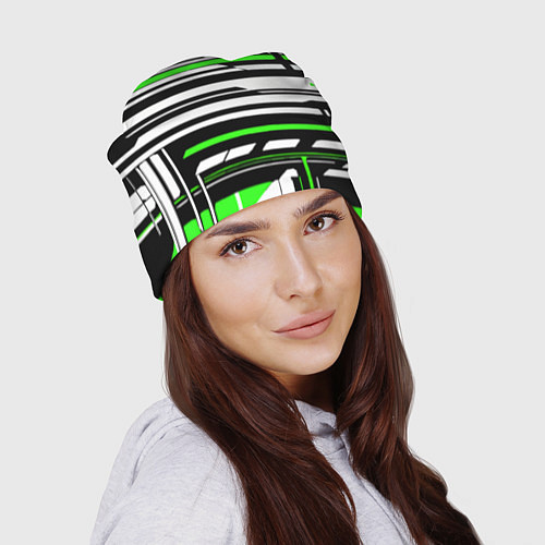 Шапка Зелёно-белые технологические линии на чёрном фоне / 3D-принт – фото 2