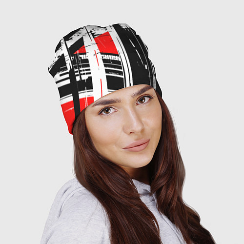 Шапка Чёрно-белые абстрактные линии на красном фоне / 3D-принт – фото 2