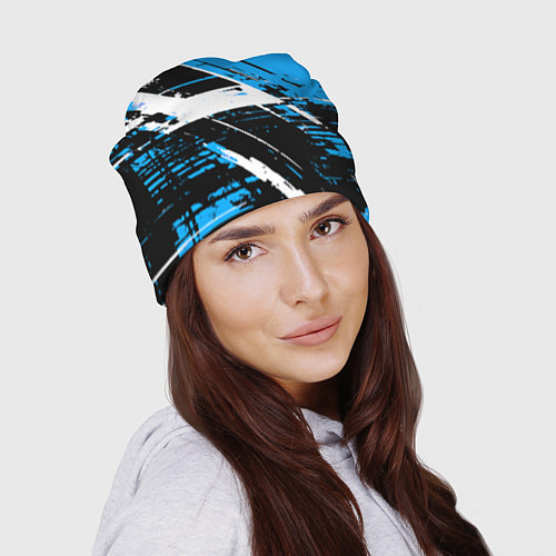 Шапка Diagonal black and white stripes on a blue backgro / 3D-принт – фото 2