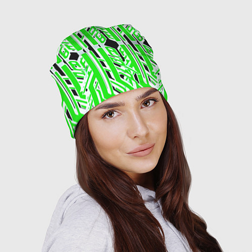 Шапка Бело-зелёные техно полосы на чёрном фоне / 3D-принт – фото 2