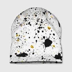 Шапка Черные и золотистые пятна краски на белом фоне, цвет: 3D-принт