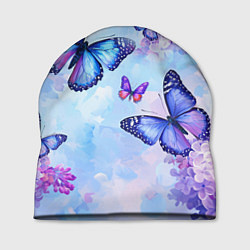 Шапка Бабочки и сирень - нежная голубая живопись, цвет: 3D-принт