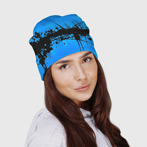 Шапка Черные брызги краски на синем / 3D-принт – фото 2