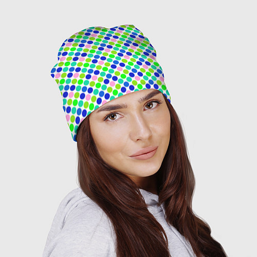 Шапка Разноцветный синий розовый зеленый горох на белом / 3D-принт – фото 2