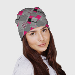 Шапка Красно черная абстрактная геометрия пэчворк, цвет: 3D-принт — фото 2