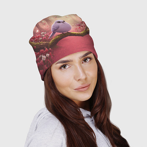 Шапка Сиреневая птица в розовом цветущем лесу / 3D-принт – фото 2
