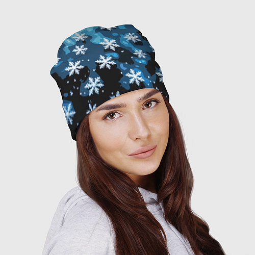 Шапка Стилизованный паттерн со снежинками тёмно-синий / 3D-принт – фото 2