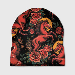 Шапка Красная лошадь с розами, цвет: 3D-принт