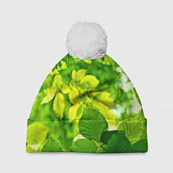 Шапка с помпоном Зелёные листья, цвет: 3D-белый