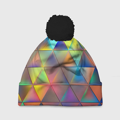 Шапка c помпоном Разноцветные треугольники / 3D-Черный – фото 1