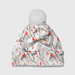 Шапка с помпоном Снегири в зимнем лесу, цвет: 3D-белый