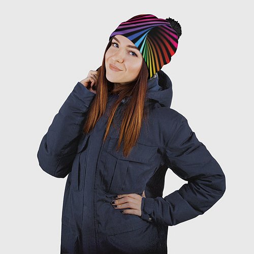 Шапка c помпоном Радужные полосы - метаморфозы / 3D-Черный – фото 2