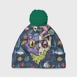 Шапка с помпоном Cat skull - art, цвет: 3D-зеленый