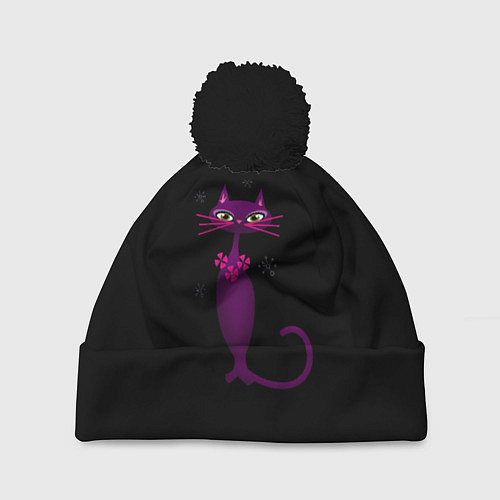 Шапка c помпоном Модная кошка / 3D-Черный – фото 1