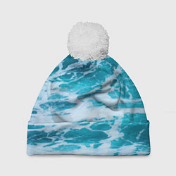 Шапка с помпоном Вода волны пена море, цвет: 3D-белый