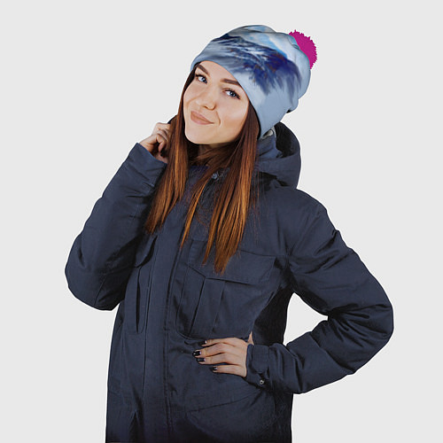 Шапка c помпоном Серо-голубые горы / 3D-Малиновый – фото 2