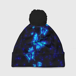 Шапка с помпоном Неоновые бабочки, цвет: 3D-черный
