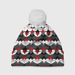 Шапка c помпоном Абстрактный красно-серый узор