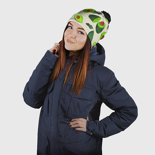 Шапка c помпоном Авокадо - фруктовый паттерн / 3D-Черный – фото 2