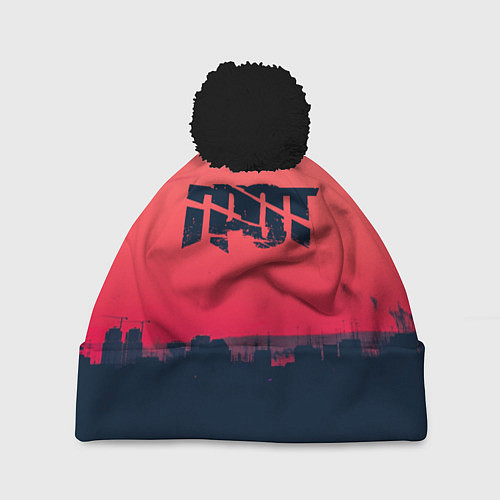 Шапка c помпоном ГРОТ ЛОГО НА ФОНЕ ЗАКАТА / 3D-Черный – фото 1