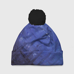 Шапка с помпоном Синие акварельные мазки, цвет: 3D-черный
