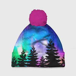 Шапка с помпоном Космический лес, елки и звезды, цвет: 3D-малиновый