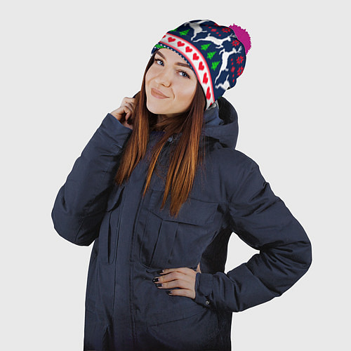 Шапка c помпоном Новогодние олени: узор / 3D-Малиновый – фото 2