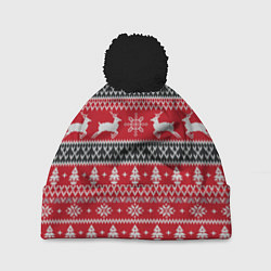 Шапка с помпоном НОВОГОДНИЙ УЗОР С ОЛЕНЯМИ, цвет: 3D-черный