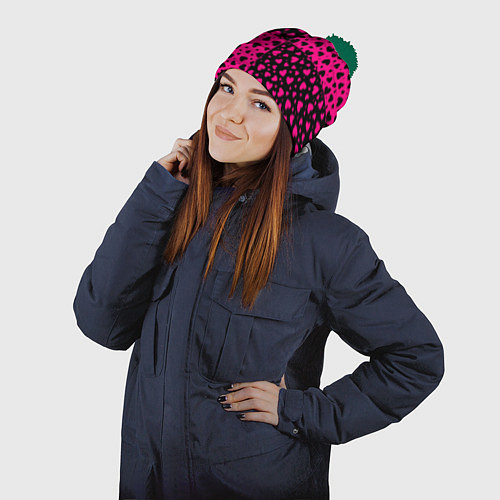 Шапка c помпоном Черно-Розовые сердца / 3D-Зеленый – фото 2