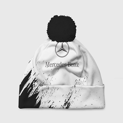Шапка c помпоном Mercedes-Benz - White texture / 3D-Черный – фото 1