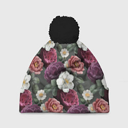 Шапка с помпоном Bouquet of flowers pattern, цвет: 3D-черный