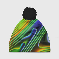 Шапка с помпоном Цветные неоновые полосы Абстракция Color neon patt, цвет: 3D-черный
